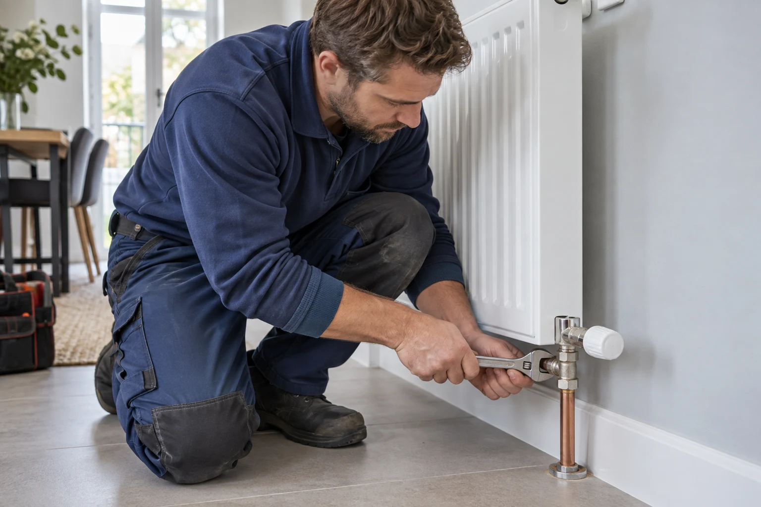 Loodgieter sluit een radiator aan