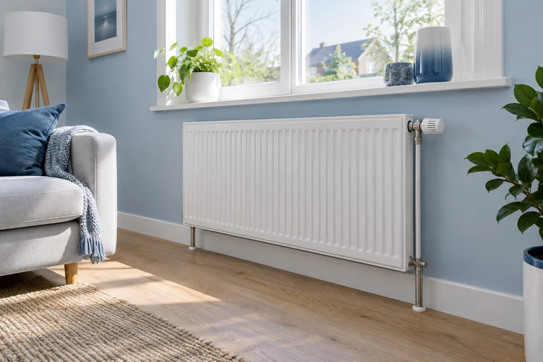 Witte radiator onder een raam met thermostaatkraan