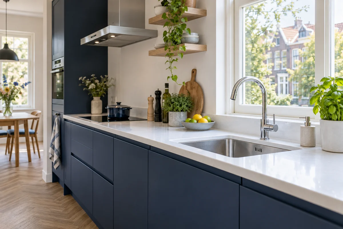 Gerenoveerde keuken met blauwe kastjes, spoelbak en nieuwe kraan