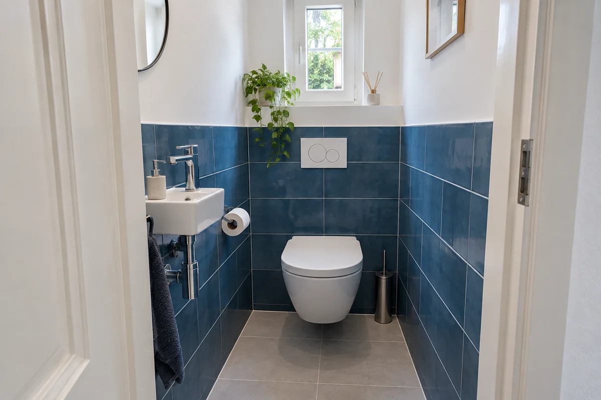 Voorbeeld van een vernieuwde toiletruimte met wandcloset en kleine wastafel