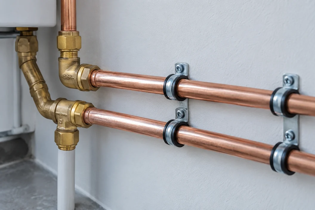 Netjes gemonteerde koperen waterleidingen met aansluitingen